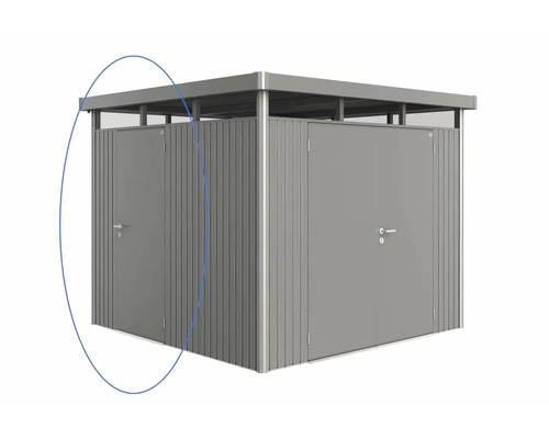 Kovový zahradní domek s dvoukřídlými dveřmi a plochou střechou