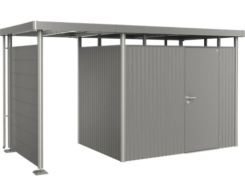 Kovový zahradní domek s posuvnými dveřmi a střechou