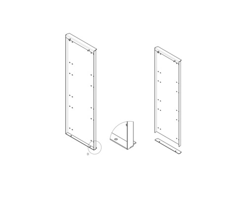 Ilustrace dvou bočních stěn regálu s montážními prvky pro regálový systém