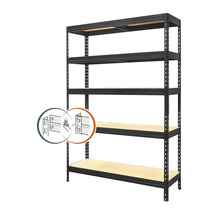 Černý zásuvný regál s pěti úrovněmi a ilustrací sestavení