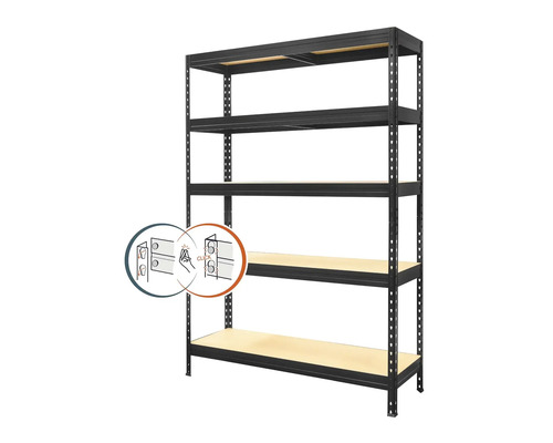 Černý zásuvný regál s pěti úrovněmi a ilustrací sestavení