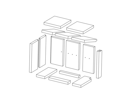 Rozložený nákres sady nábytku s deskami, bočními stěnami a příslušenstvím