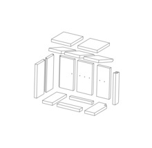 Rozkreslený nákres skříně s dvířky a policemi