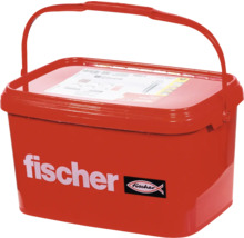 Červený kbelík s logem Fischer na šrouby a hmoždinky