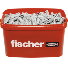 Hmoždinky Fischer v červeném kbelíku s logem Fischer