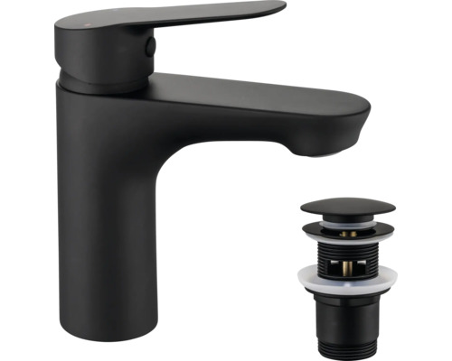 Černá umyvadlová baterie s odtokovou soupravou