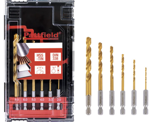 Sada kovových vrtáků Pattfield HSS-TIN různých velikostí v úložném boxu