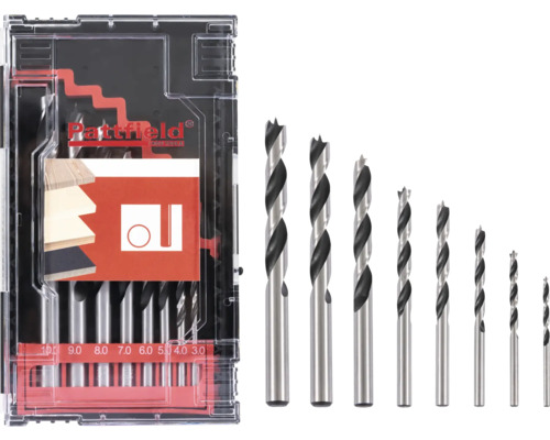 Sada vrtáků do dřeva Pattfield 8díl., kulatá stopka Sada vrtáků do dřeva v průhledném úložném boxu