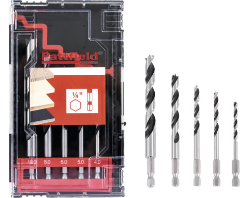 Sada vrtáků do dřeva Pattfield 5díl., šestihran Sada vrtáků do dřeva různých velikostí v plastovém boxu