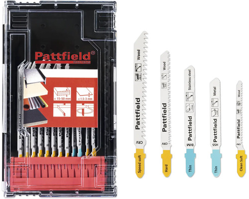 Sada listů do přímočaré pily Pattfield 12díl., T stopka pro dřevo a kov Sada pilových listů Pattfield pro dřevo, nerezovou ocel a kov v úložném kufříku