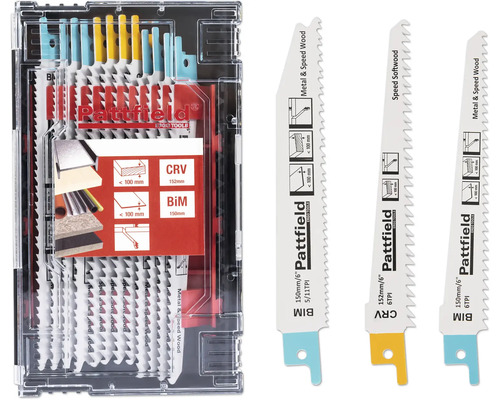 Sada listů do šavlové pily Pattfield 12díl., T stopka pro dřevo a kov Sada pilových listů Pattfield pro dřevo a kov, různé varianty