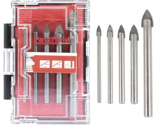 Sada vrtáků do skla/dlažby Pattfield 5díl., kulatá stopka Sada vrtáků na sklo Pattfield různých velikostí v průhledné krabičce