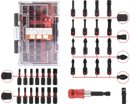 Box na bity Pattfield 32díl., S2 Logo Pattfield Sada bitů s různými šroubovacími bity a držákem bitů