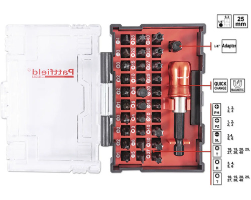 Sada bitů Pattfield se šroubovákem a různými bity v průhledném úložném pouzdře