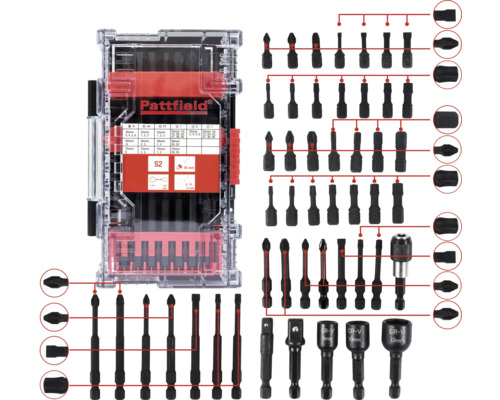 Sada šroubovacích bitů Pattfield 48díl., S2 Logo Pattfield. Sada šroubovacích bitů v průhledné plastové krabičce