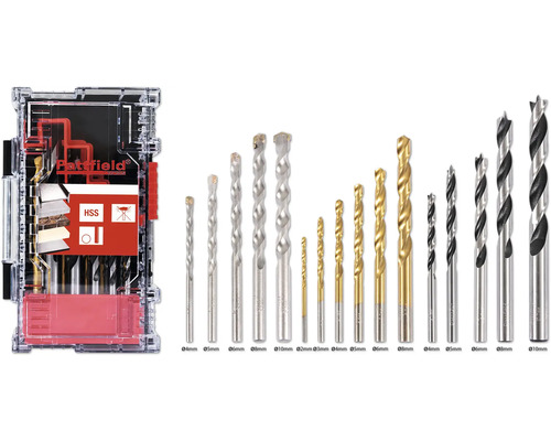 Sada vrtáků Pattfield s různými typy a velikostmi vrtáků v průhledném úložném boxu