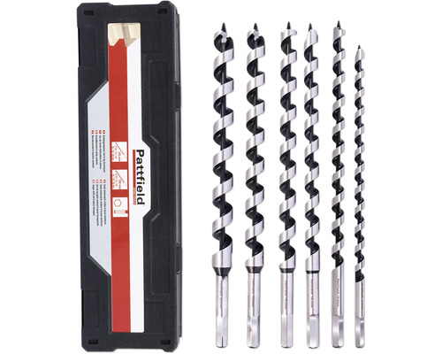 Sada hadovitých vrtáků Pattfield 6díl. šestihran, na dřevo Sada šnekových vrtáků Pattfield se šesti kusy a šestihrannou stopkou v úložném boxu