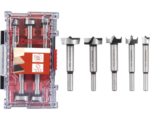 Sada Forstnerových vrtáků Pattfield 5díl. Sada Forstnerových vrtáků Pattfield s různými velikostmi v úložném boxu