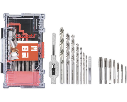 Sada HSS závitořezů Pattfield 15díl. Sada závitníků a kruhových závitových čelistí Pattfield s vrtáky HSS v kufříku