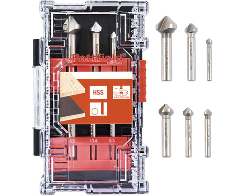 Sada HSS kuželových záhlubníků Pattfield 6díl., kulatá stopka Sada zahlubovacích vrtáků Pattfield do dřeva různých velikostí