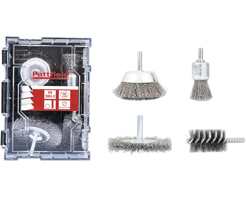 Sada drátěných kartáčů Pattfield 4díl., kulatá stopka Sada drátěných kartáčů Pattfield s různými kartáčovými nástavci v úložném boxu