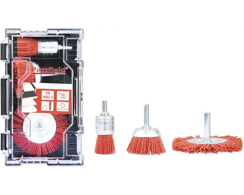 Sada nylonových kartáčů Pattfield 3díl., kulatá stopka Sada drátěných kartáčů Pattfield pro vrtačky, včetně tří tvarů kartáčů v úložném boxu