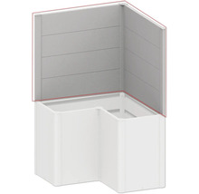 Rohová sprcha s bílými sprchovými vaničkami a šedými panely