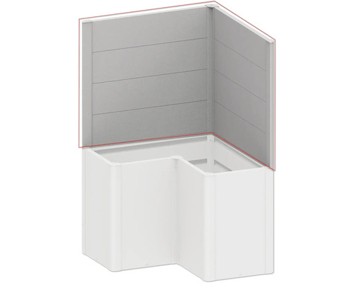 Rohová sprcha s bílými sprchovými vaničkami a šedými panely