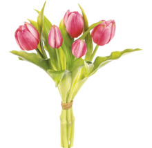 Kytice růžových tulipánů se zelenými listy