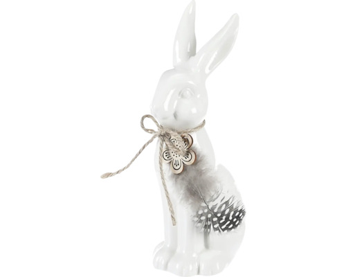 Dekorativní keramický velikonoční zajíček s peříčkem a dřevěným prvkem