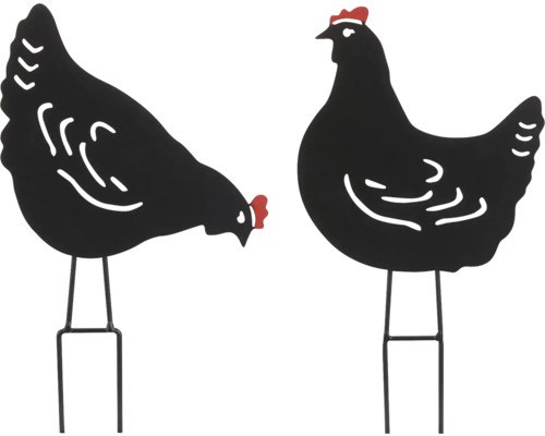 Dva kovové zahradní zápichy ve tvaru slepic