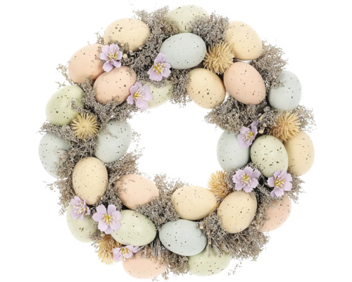 Dekorativní věnec na dveře s velikonočními vajíčky a květinami pro velikonoční dekoraci