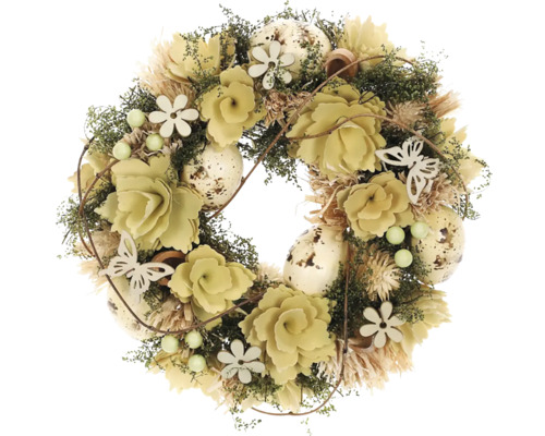 Dekorativní věnec s květinami, velikonočními vejci a motýly