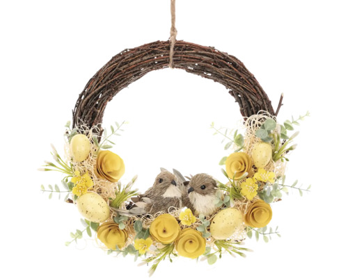 Dekorativní věnec na dveře s ptáčky, květinami a velikonočními vajíčky jako velikonoční dekorace
