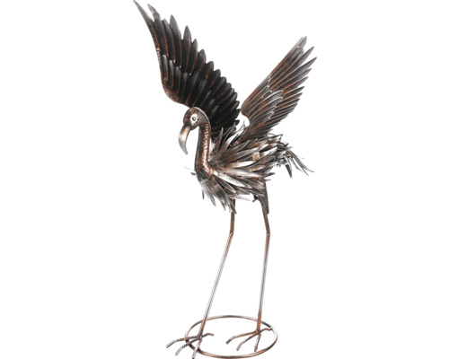 Dekorativní kovová soška jeřába s roztaženými křídly do zahrady