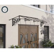 Klasická vchodová stříška z tmavého kovu s ozdobnými prvky namontovaná nad dřevěnými dveřmi. Symbol registrovaného designu.