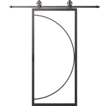 Posuvné dveře s půlkruhovým designovým prvkem a posuvným systémem