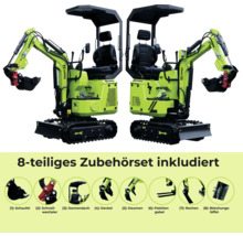 Dva minirýpadla s 8dílnou sadou příslušenství, včetně lopaty, rychloupínače, sluneční stříšky, víka, palce, paletových vidlí, hrábě a svahové lžíce