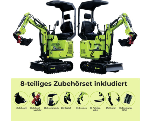 Dva minirýpadla s 8dílnou sadou příslušenství, včetně lopaty, rychloupínače, sluneční stříšky, víka, palce, paletových vidlí, hrábě a svahové lžíce