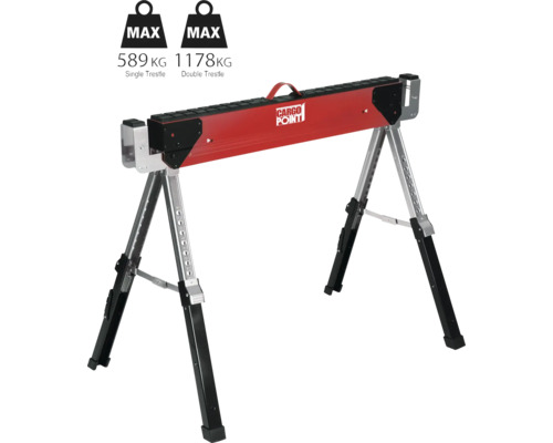 Logo Cargo Point na červené a stříbrné stavební koze s maximálním zatížením 589 kilogramů u jednoduché kozy a 1178 kilogramů u dvojité kozy.