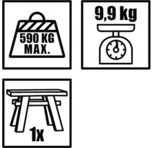 Symboly pro maximální zatížení 590 kilogramů, hmotnost 9,9 kilogramů a jeden kus