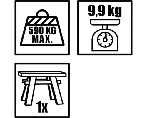 Symboly pro maximální zatížení 590 kilogramů, hmotnost 9,9 kilogramů a jeden kus