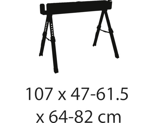 Dvě výškově nastavitelné kozy o rozměrech 107 x 47-61,5 x 64-82 cm.