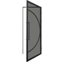 Otevřené interiérové dveře se skleněnou výplní a kruhovým designovým prvkem