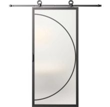 Skleněné posuvné dveře s kovovým rámem a půlkruhovým designem