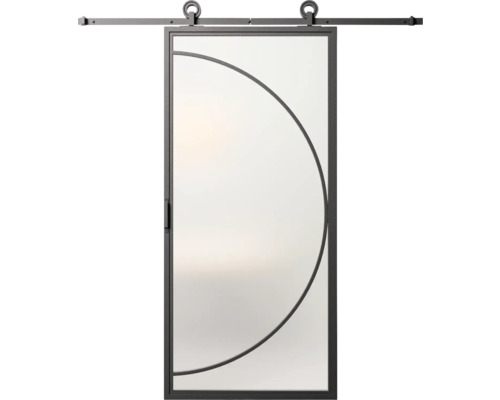 Skleněné posuvné dveře s kovovým rámem a půlkruhovým designem