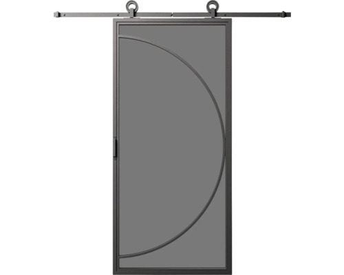 Posuvné dveře s kovovým rámem a půlkruhovým designem