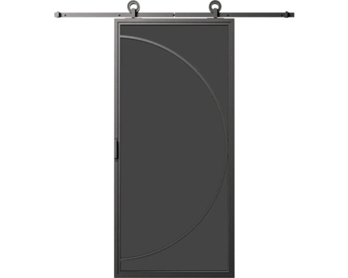 Posuvné dveře s kovovým rámem a půlkruhovou ozdobou