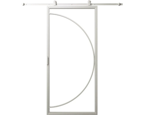 Posuvné dveře s kovovým rámem a půlkruhovým designem