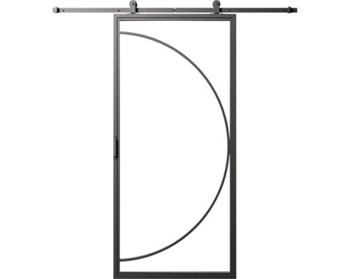 Posuvné dveře s kovovým rámem a půlkruhovým designem